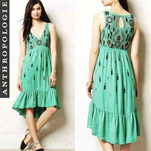 Anthropologie Floreat Ijada Green Embroidered Sequin Stitch Hi-Low Ruffle Dress